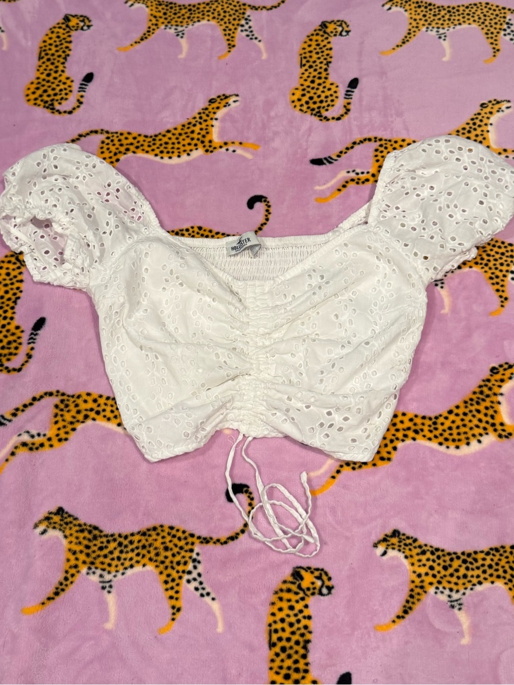 Hollister White Eyelet Ruched Puff-Sleeve Crop Top